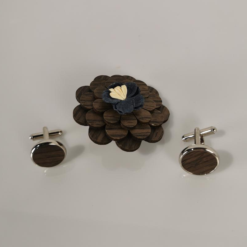 Broche-Pin's fleur en bois et boutons de manchettes  Bon état -  reconditionné disponible sur Label Emmaüs
